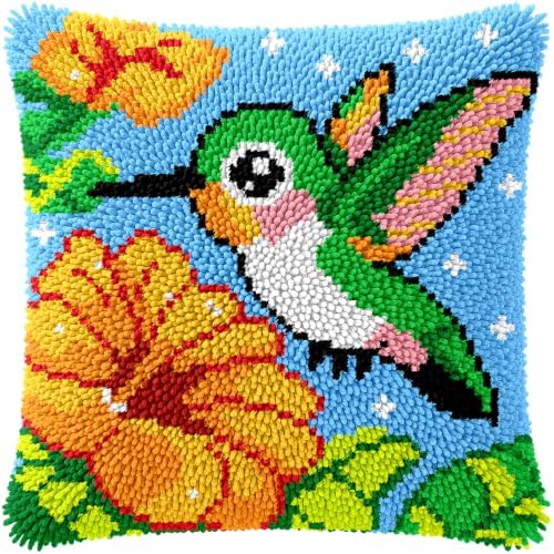 Hummingbird Latch Hook Kits for Adults Kids Beginners Yellow Floral Latch Hook Pillow Kit Birds Pre-Printed Latch Hook Rug Kits Cross-stitch Cushion for Home Sofa Decoration 17x17 in. Craft Gift by VEIROUSA