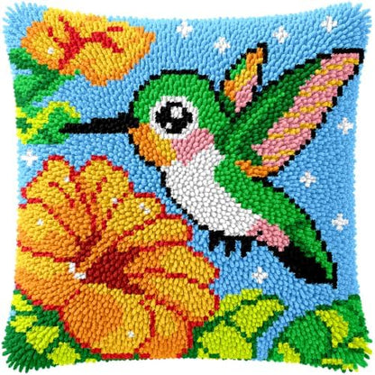 Hummingbird Latch Hook Kits for Adults Kids Beginners Yellow Floral Latch Hook Pillow Kit Birds Pre-Printed Latch Hook Rug Kits Cross-stitch Cushion for Home Sofa Decoration 17x17 in. Craft Gift by VEIROUSA