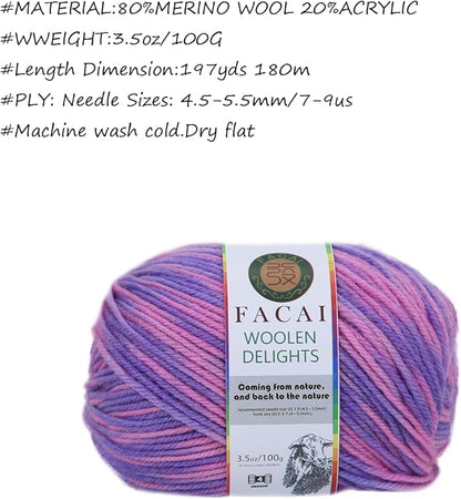 Facai Blend Merino Wool Yarn for Knitting - Worsted Weight,197yds (3.5oz) Ball, Ideal for Sweaters, Scarves, and Accessories (1, Purple Ombré)