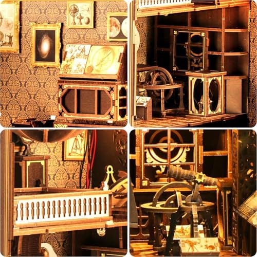 Book Nook Kit for Adult - Miniature Model Build Dollhouse Kit 3D Wooden Puzzle with Sensor Led Light for Bookshelf Bookend Insert Decor Adults Teen Crafts(Astronomy Museum) - Image 6