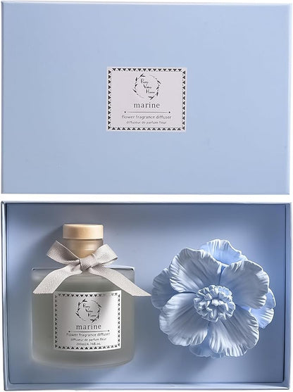 Pretty Valley Home Reed Diffuser Sets, 6.76 Fl. Oz / 200ML Ceramic Diffuser Flower Gift Box, Home Reed Diffuser for Bathroom Office Bathroom Living Room Decor (Marine Blue)