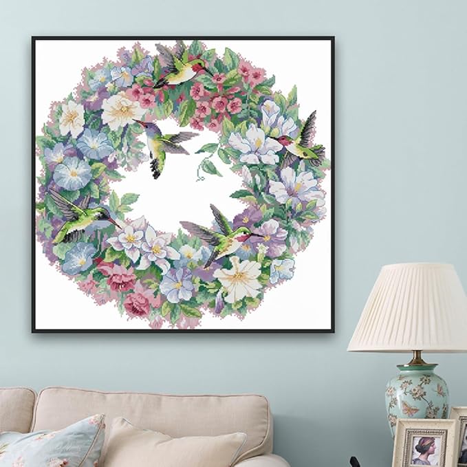 Qeerysew Cross Stitch Kits Stamped Full Range of Embroidery Starter Kits for Beginners DIY -Printed Kit The Art of Hummingbirds(2) 14CT 20×20inches