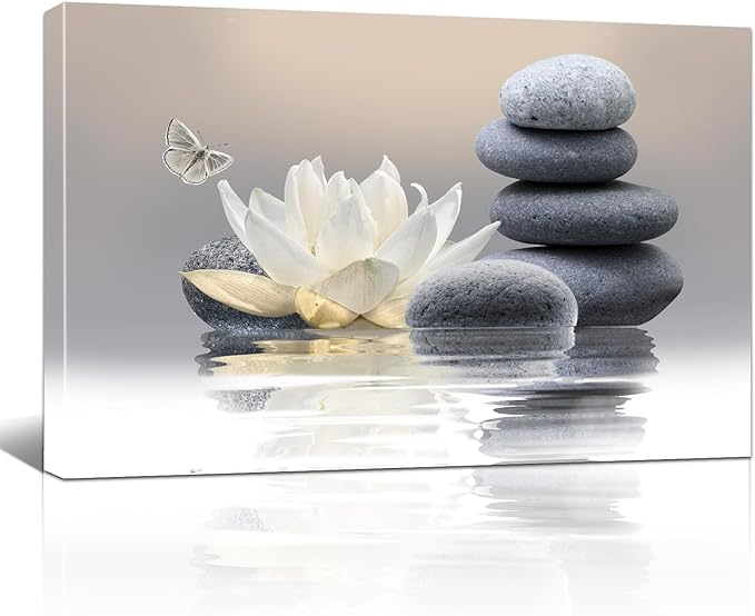 Zen Stone Framed Canvas Wall Art, White Flower and Yellow Butterfly on Lake Wall Paintings for Bathroom Living Room Bedroom Modern Spiritual Yoga Spa Canvas Prints Picture Wall Decor Artwork 12x16 inch