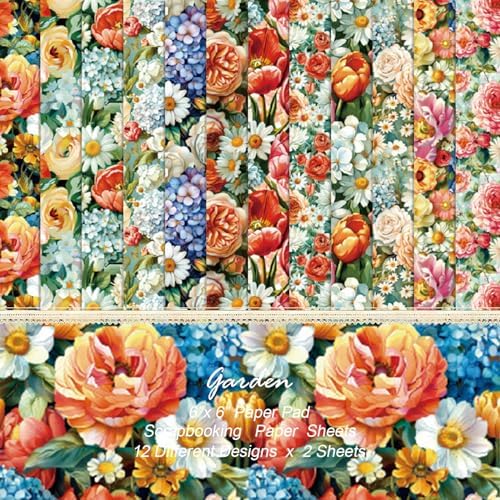 24 Sheets Blooming Flowers Pattern Paper, 6" x 6" Scrapbooking Supplies Decorative Craft Paper for DIY Card Making Photo Album Junk Journal Décor by sorkwo