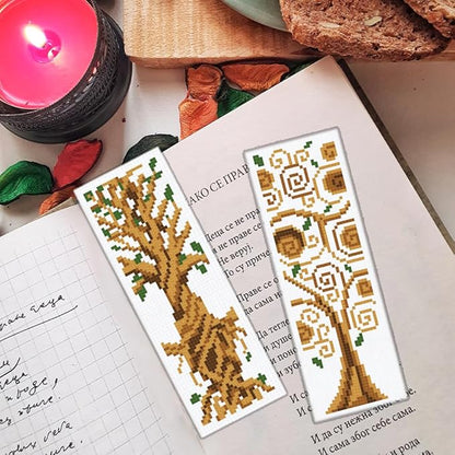 ORIGACH 6 Set Tree of Life Cross Stitch Bookmark Kit for Beginner with Backing Felt Floss Instructions DIY Stamped Embroidery Bookmark Kit for Adults, Book Lovers