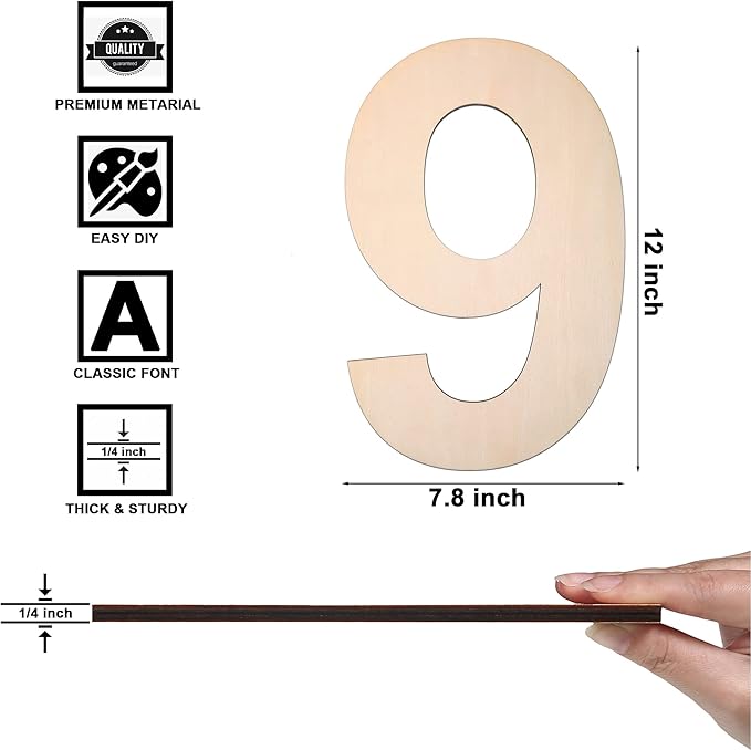12 Inch Wooden Number 9, 1/4 Inch Thick Large Unfinished Wood Letter for DIY Crafts Home Wall Decor
