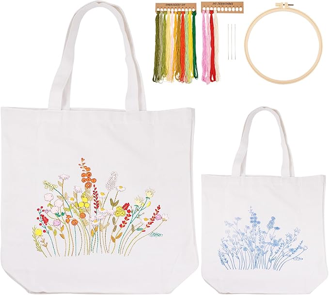 Craftdady Canvas Tote Bag Embroidery Kit White Canvas Bag with Flower Patterns Instructions Embroidery Bag Embroidery Hoops Color Threads and Tool for DIY Beginners