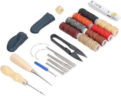 32Pcs Leather Craft Tools Kit, All in One Hand Sewing Kit for DIY Leather Goods Making, Stainless Steel Leather Working Tools with Wax Thread, Needles and Accessories for Beginners