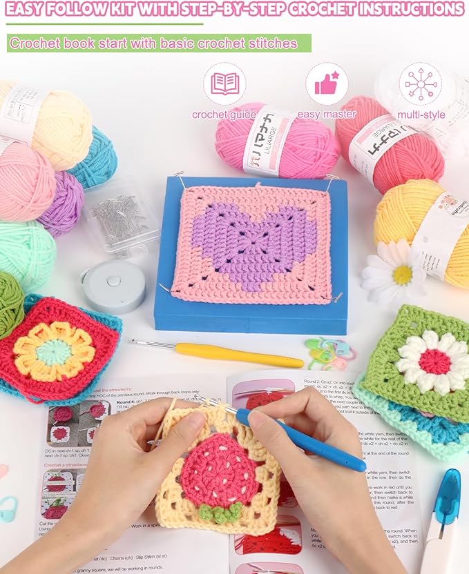 Katech Crochet Kit for Adults - Fruits & Floral Granny Square Set With Blocking Mat, Book - Advanced Beginner Learn to Crochet Granny Squares (GRP D)