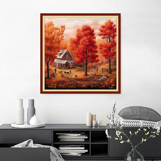 Joyhoor Cross Stitch Kits for Beginners Stamped Cross-Stitch Supplies Needlework preprint Embroidery Kits for Adults DIY Needlepoint Kits Embroidery Patterns 11CT-Red Maple Leaf Scenery 18.x18 inch