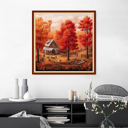 Joyhoor Cross Stitch Kits for Beginners Stamped Cross-Stitch Supplies Needlework preprint Embroidery Kits for Adults DIY Needlepoint Kits Embroidery Patterns 11CT-Red Maple Leaf Scenery 18.x18 inch