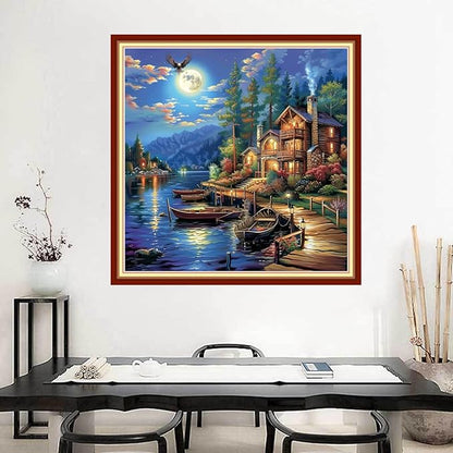 Joyhoor Stamped Cross Stitch Kits for Beginners Needlepoint Kits for Adults Embroidery Kits 11CT Counted Cross Stitch Kits Printed Embroidery Pattern-Lakeside Scenery 18x18 inchs