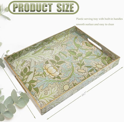 Spsyrine Serving Tray with Handles, Plastic Decorative Tray for Coffee Table, Living Room, Home Decor, Dianthus