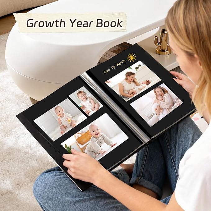 RECUTMS Photo Album Scrapbook 30 Pages for 4x6 5x7 8x10 Photos Size DIY Self Adhesive Pages Button Grain Leather Picture Album Baby Family Wedding Anniversary Picture Book (Black)