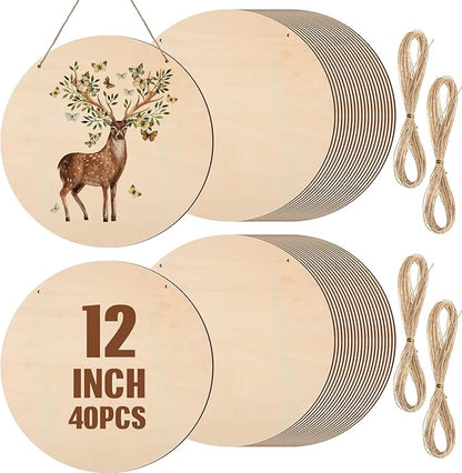 Suzile 40 Pcs 12 Inch Wood Rounds for Crafts Unfinished Blank Wooden Circle Signs Discs for DIY Christmas Home Decor Painting Door Hanger