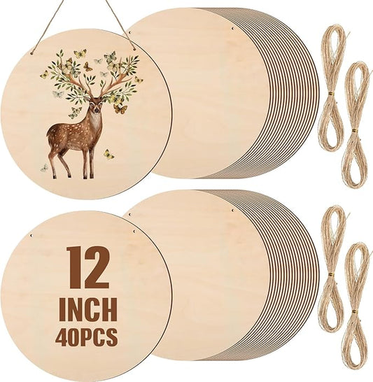 Suzile 40 Pcs 12 Inch Wood Rounds for Crafts Unfinished Blank Wooden Circle Signs Discs for DIY Christmas Home Decor Painting Door Hanger