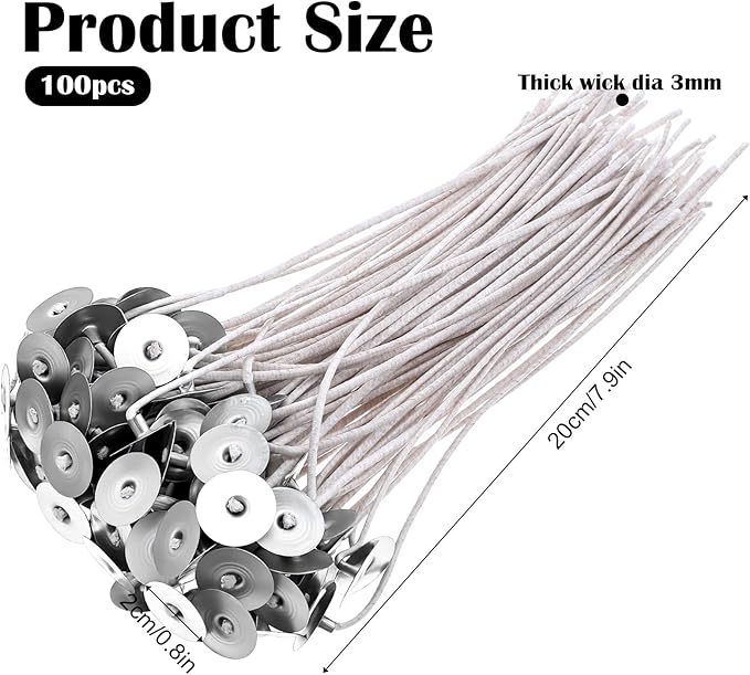 100Pcs Candle Wicks with Base, 8 Inch ECO Candle Wicks for Candles Making, Cotton Thick Wood Wick for Soy Candles DIY Crafts