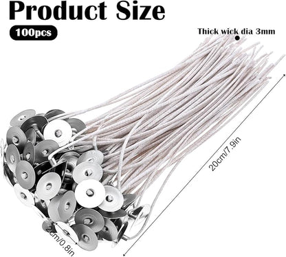 100Pcs Candle Wicks with Base, 8 Inch ECO Candle Wicks for Candles Making, Cotton Thick Wood Wick for Soy Candles DIY Crafts