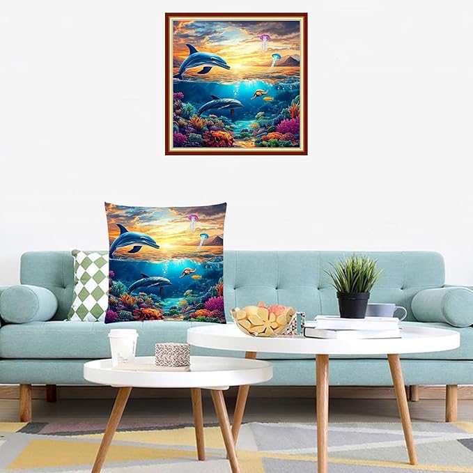 Lovxvouy Pillow Cross Stitch Kits for Adults Beginners-Preprinted Needlepoint Kit Stamped Crossstitching Kits 11CT Cross-Stitch Kit Stitches Kit Embroidery Kits-Dolphin Underwater World 18x18 inchs