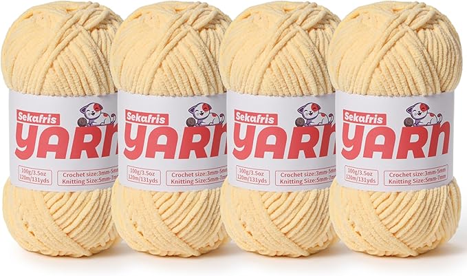 4 Pack Plush Chunky Chenille Yarn for Crocheting, Soft Fluffy Velvet Yarn for Crocheting Amigurumi, Fuzzy Baby Blanket Knitting 400g/524yds Bulky(4 Light Yellow)