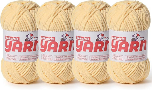 4 Pack Plush Chunky Chenille Yarn for Crocheting, Soft Fluffy Velvet Yarn for Crocheting Amigurumi, Fuzzy Baby Blanket Knitting 400g/524yds Bulky(4 Light Yellow)