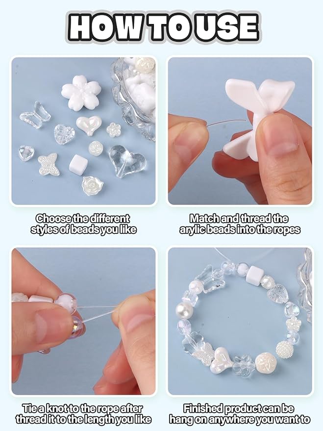 150PCS Acrylic Pastel Beads for Jewelry Making, Kalolary Colorful Bow Butterfly Flower Kawaii Plastic Candy Heart Cute Macaroon Aesthetic Beads for Bracelet Necklace DIY Supplies (White)