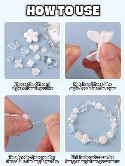 150PCS Acrylic Pastel Beads for Jewelry Making, Kalolary Colorful Bow Butterfly Flower Kawaii Plastic Candy Heart Cute Macaroon Aesthetic Beads for Bracelet Necklace DIY Supplies (White)