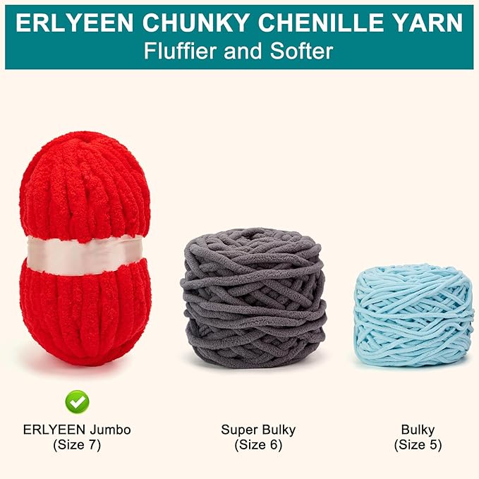 ERLYEEN Chenille Chunky Yarn Super Bulky Soft Thick Fluffy Jumbo Giant Washable Polyester Big Yarn DIY for Arm Knit Blanket Cushion Bed Sofa Home Decor,Red,4.4LB