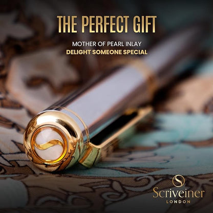 Scriveiner Silver Chrome Fountain Pen - Stunning Luxury Pen, Real Gold Finish, Schmidt Gilded Nib (Broad), Best Gift Set for Men & Women, Professional, Executive Office, Nice Designer Pens