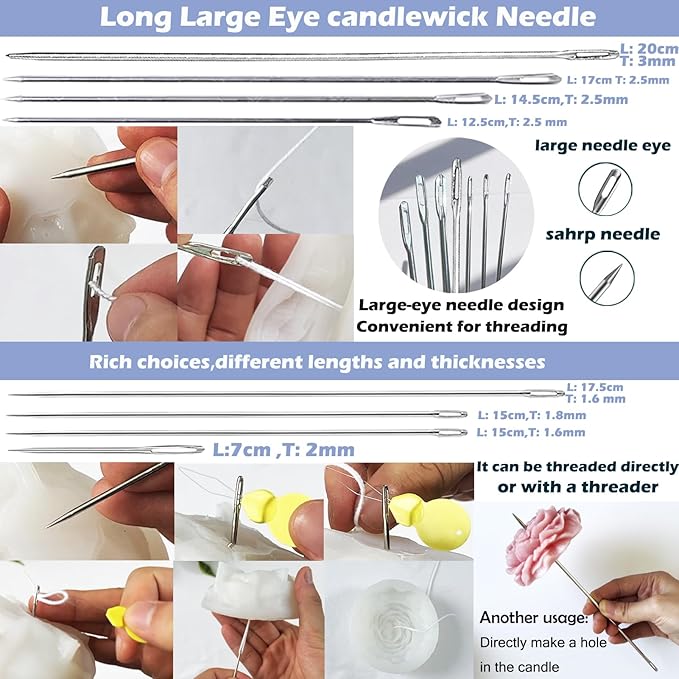 28 PCS Beginners Candle Making Kit for Adults with 200 ft candlewick,Wick Inserting Tool Molds Punch Needle with Hook Eye,Long Large-Eye Candle Wicking Needle for Punching Molds & Candles