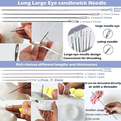 28 PCS Beginners Candle Making Kit for Adults with 200 ft candlewick,Wick Inserting Tool Molds Punch Needle with Hook Eye,Long Large-Eye Candle Wicking Needle for Punching Molds & Candles