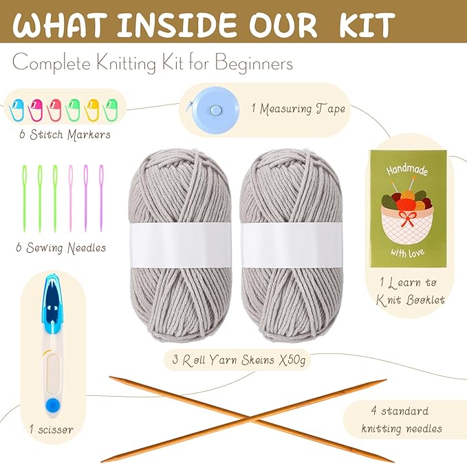 GliCraft Knitting Kit for Beginners Learn to Knit Kit for Adults Gloves Starter Bundle with Step-by-Step Instructions Includes Wool Yarn, Needles & Accessories(Grey)
