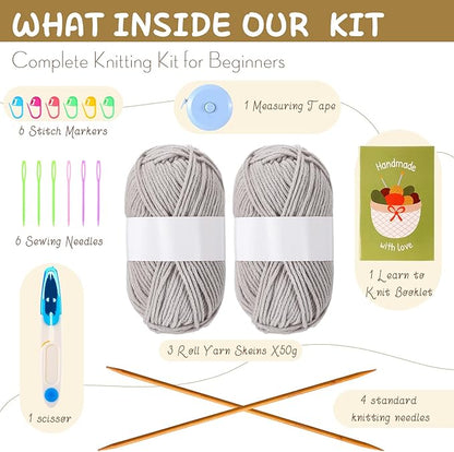 GliCraft Knitting Kit for Beginners Learn to Knit Kit for Adults Gloves Starter Bundle with Step-by-Step Instructions Includes Wool Yarn, Needles & Accessories(Grey)