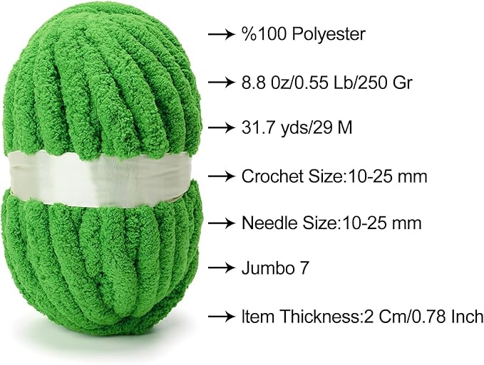 ERLYEEN Chenille Chunky Yarn Super Bulky Soft Thick Fluffy Jumbo Giant Washable Polyester Big Yarn DIY for Arm Knit Blanket Cushion Bed Sofa Home Decor,Green,0.55LB