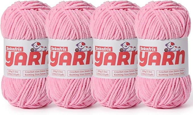 4 Pack Plush Chunky Chenille Yarn for Crocheting, Soft Fluffy Velvet Yarn for Crocheting Amigurumi, Fuzzy Baby Blanket Knitting 400g/524yds Bulky(4 Deep Pink)
