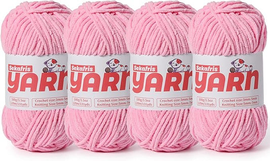 4 Pack Plush Chunky Chenille Yarn for Crocheting, Soft Fluffy Velvet Yarn for Crocheting Amigurumi, Fuzzy Baby Blanket Knitting 400g/524yds Bulky(4 Deep Pink)