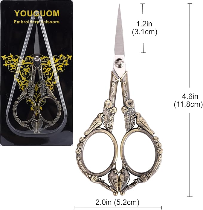 YOUGUOM Embroidery Scissors, Small Sharp Pointed Sewing Scissors for Craft Cross Stitch Needlework Artwork Knitting Thread Yarn Detail Cutting Tools, 4.6in Little Bronze Bird Scissor