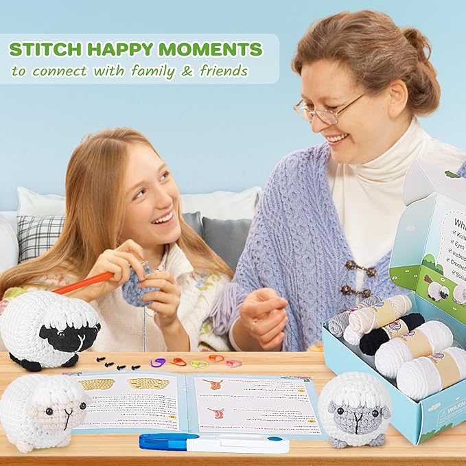 Crochet Kit for Beginners, Crochet Starter Kit with Step-by-Step Video Tutorials, Amigurumi Crochet DIY Knitting Supplies for Teenagers Adults, 3-Pack Little Lambs (40%+ Yarn)