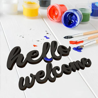 10 Pcs Black Wooden Hello & Welcome Sign Wooden Cutout Letter Hello Welcome Sign for Wreath Crafts Decorative Word Signs for Door Wall Christmas Trees Home Decor (Black)