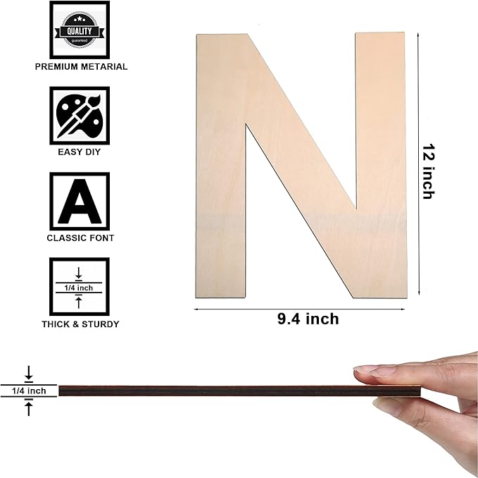 12 Inch Wooden Letter N, 1/4 Inch Thick Large Unfinished Wood Letter for DIY Crafts Home Wall Decor