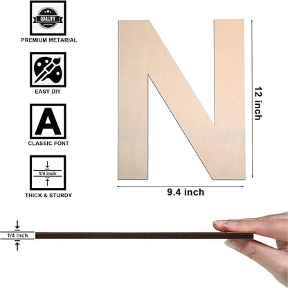 12 Inch Wooden Letter N, 1/4 Inch Thick Large Unfinished Wood Letter for DIY Crafts Home Wall Decor