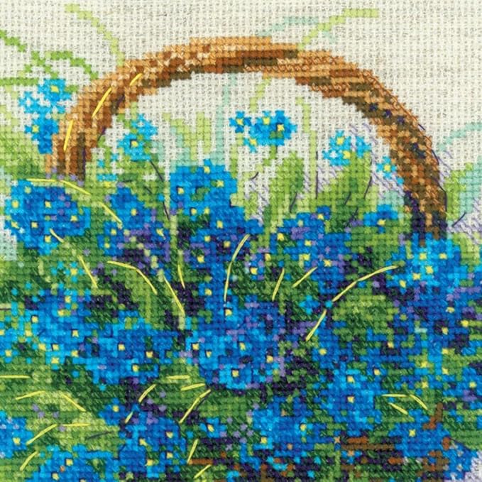 RIOLIS - Forget Me Nots in a Basket 2170, Cross Stitch Kits 8¾" x 8¾", Cross Stitch Kits for Adults, Floral Counted Cross Stitch Kits, Embroidery Kit for Beginners & Advanced, Crossstitching Kits