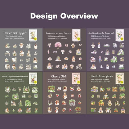 AuriicLeaf Garden Girl Sticker Set, 120PCS PET Vintage Nature Stickers for Journaling, Scrapbooking, Planner Supplies and DIY Crafts