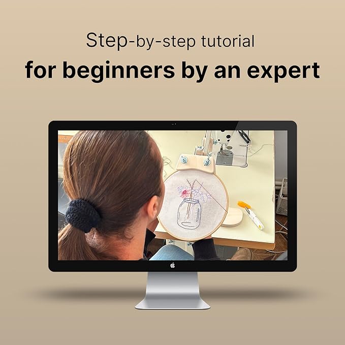 Looples Embroidery Kit for Beginners and Adults with Video Tutorials – DIY Starter Kit with 3 Stamped Floral Patterns, Hoops, Threads, Needles, and Instructions - Cart, Glass Jar, and Flowers