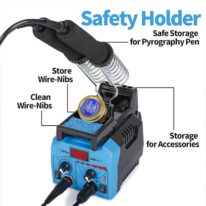 YIHUA 939D-II Pyrography Pen Wood Burning Kit Station 2-in-1 Solid-Point 200~480°C (with Temp Display)/Wire-Nib 250~750°C with 20 Nibs, Solid Points, 1 Stable Pen Holder, 2 Scrap Wood (Blue)