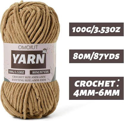 Light Coffee Fluffy Chenille Yarn for Crocheting - Baby Yarn for Crocheting Soft Blanket - (100g/87.4yds) Crochet Amigurumi Chunky Yarns - Super Bulky 5 Velvet Yarns