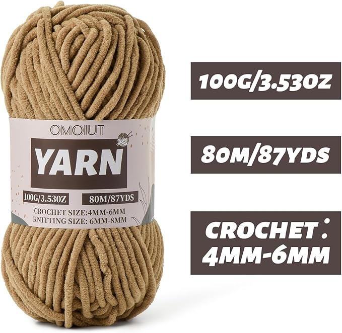 Fluffy Chenille Yarn for Crocheting - Baby Yarn for Crocheting Soft Blanket - 3 Pack of 100g/(87.4yds) Crochet Amigurumi Chunky Yarns - Super Bulky 5 Velvet Yarns (3 Light Coffee)