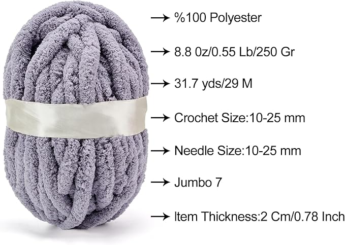 ERLYEEN Chenille Chunky Yarn Super Bulky Soft Thick Fluffy Jumbo Giant Washable Polyester Big Yarn DIY for Arm Knit Blanket Cushion Bed Sofa Home Decor,Grey,1.1LB