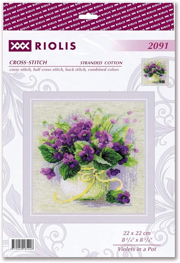 RIOLIS - Violets in a Pot 2091, Cross Stitch Kits 8¾" x 8¾", Cross Stitch Kits for Adults, Floral Counted Cross Stitch Kits, Embroidery Kit for Beginners & Advanced, Crossstitching Kits