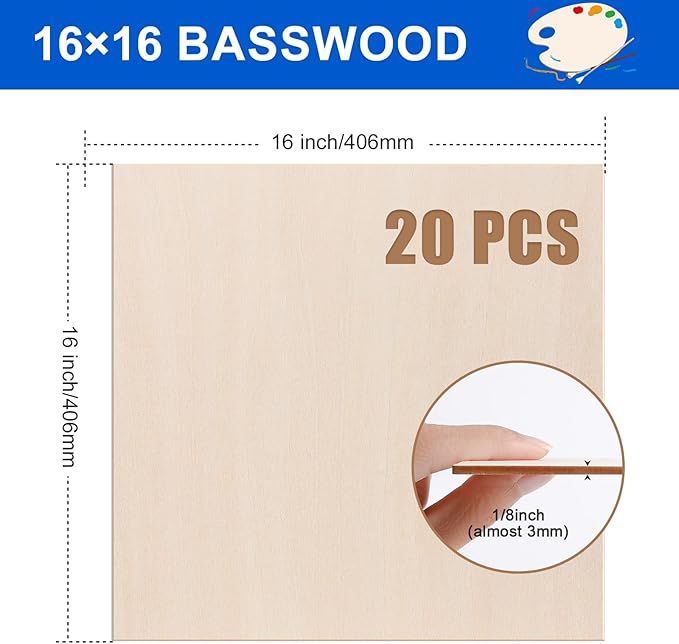 20 Pack Basswood Sheets 16"x16"x1/8", 3mm Basswood for Laser Cutting and Engraving,Thin Plywood Board Unfinished Wood for Crafts, DIY Ornaments and Architectural Model, Wood Burning.